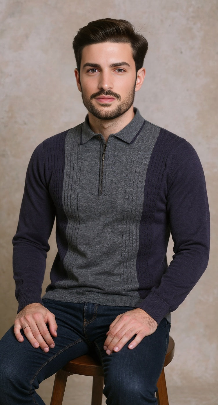 Colour block cable knit polo indigo navy