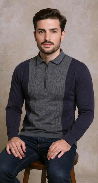 Colour block cable knit polo indigo navy