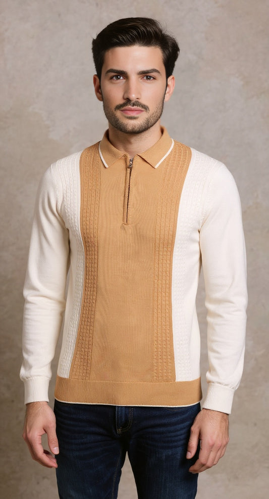 Colour block cable knit polo ecru tan