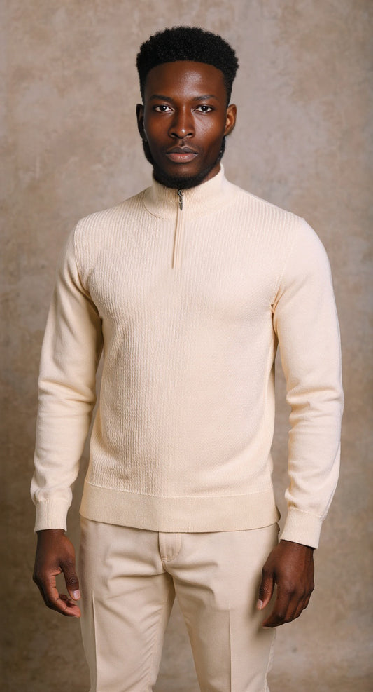 Ecru textured quarter zip neck knit