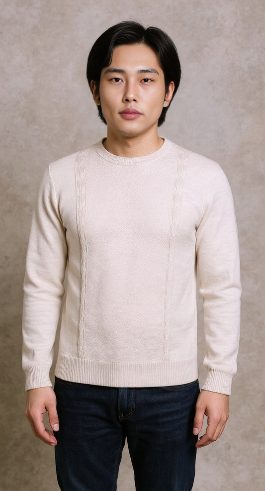 Grey melange soft crew neck knit cable detail