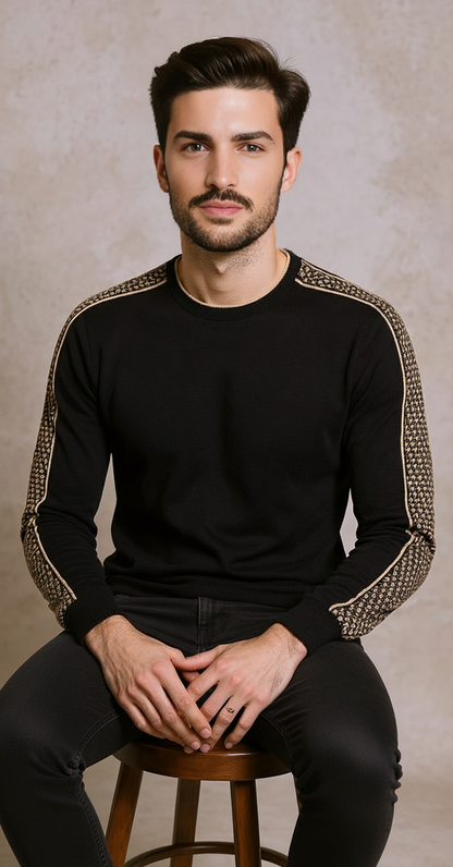 Black crew neck knit jacquard sleeve soft
