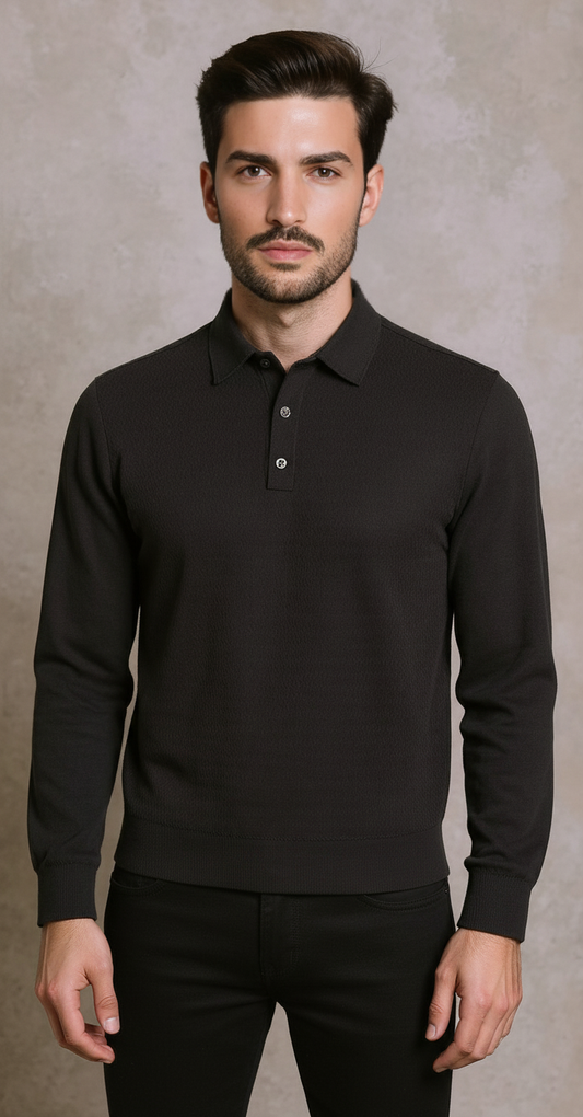 Black soft knit polo with ziz zag textured front