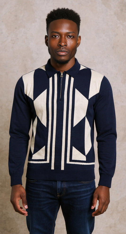 Navy geometric jacquard polo knit