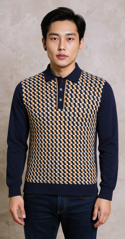 Navy camel jacquard knit polo