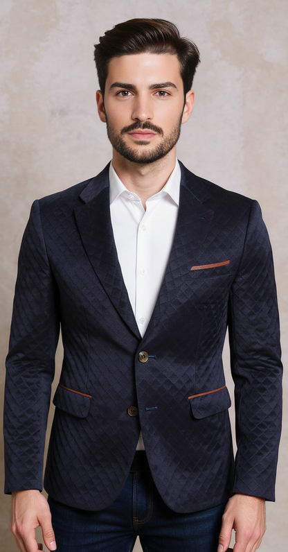 Navy quilted velvet blazer with trims