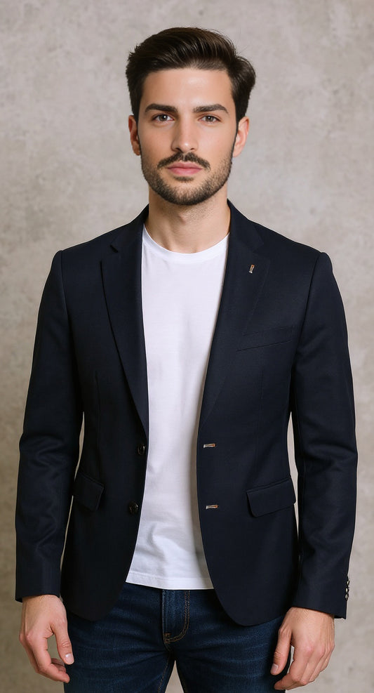Navy stretch structured textured blazer rainbow stitching