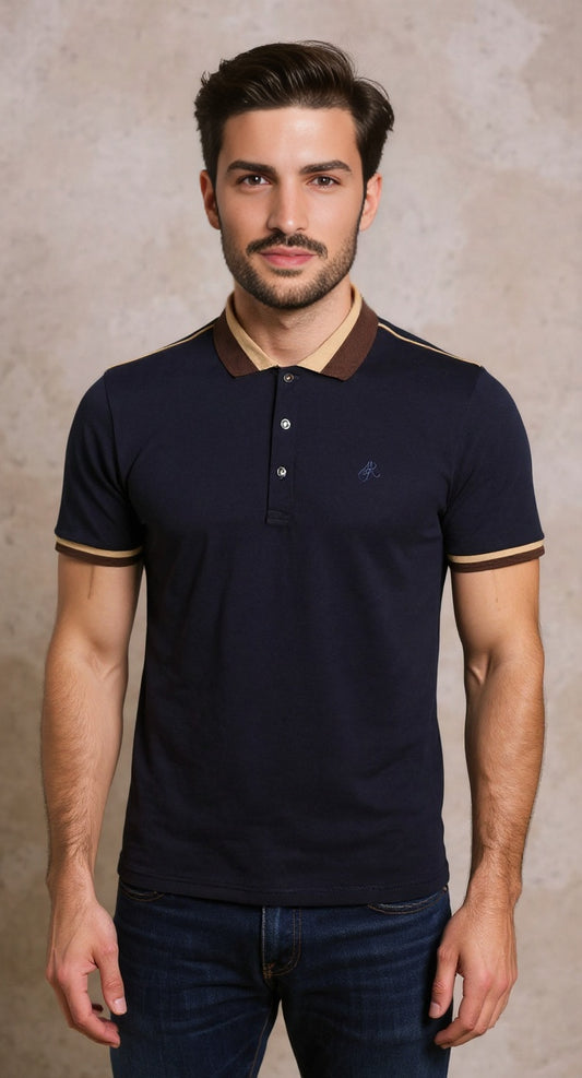 Navy cotton pique polo colour block collar