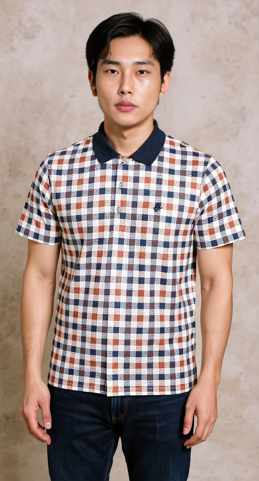 Printed check jersey polo