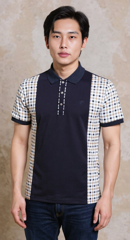 Navy jersey check polo shirt