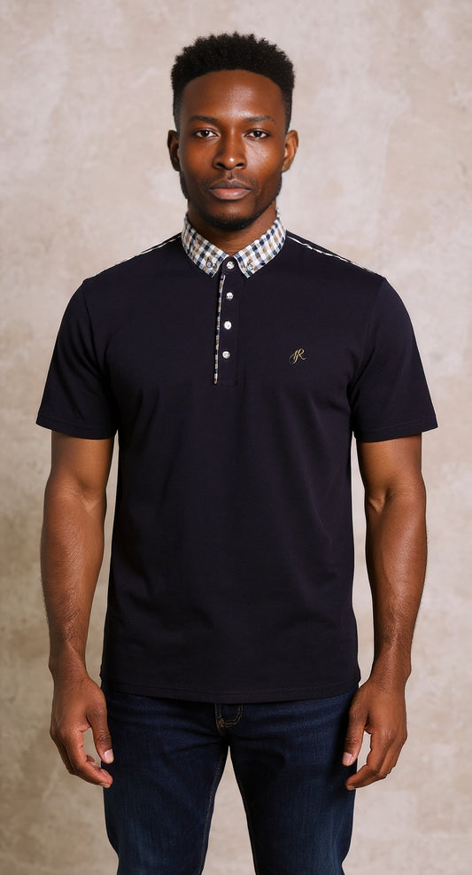 Navy pique polo with check buttoned down collar