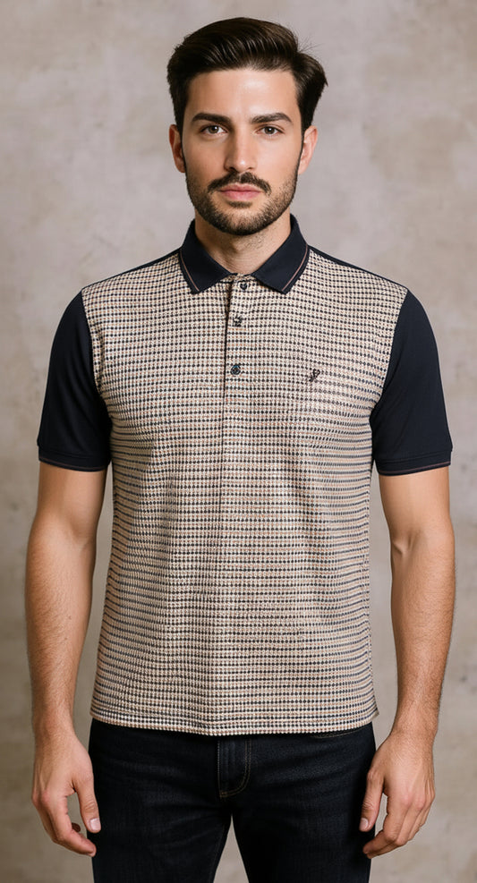 Black jersey polo with houndstooth printed front