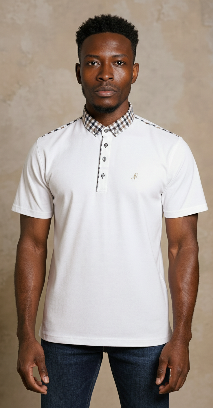 White pique polo with check buttoned down collar