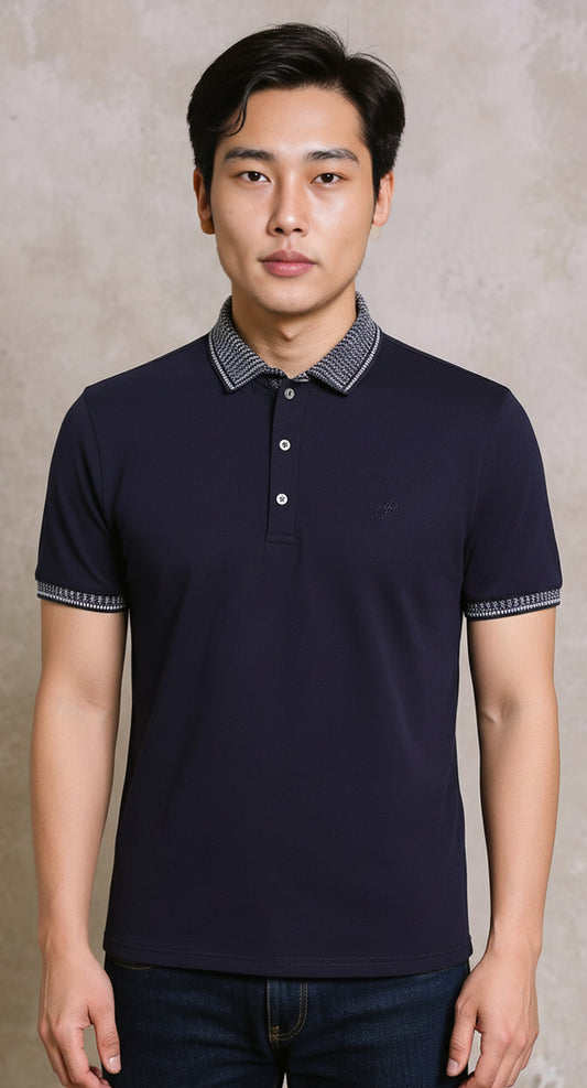 Navy jersey polo jacquard collar