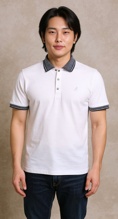 White jersey polo jacquard collar
