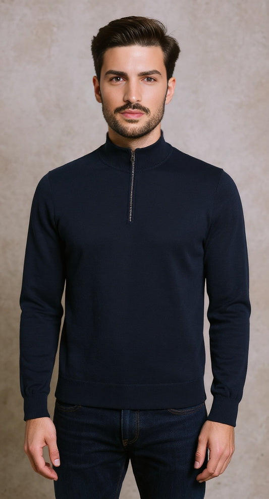 Navy 100% merino quarter zip neck