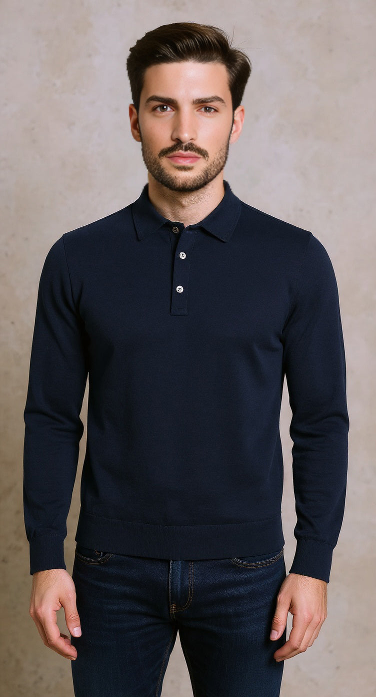 Navy 100% merino knitted polo